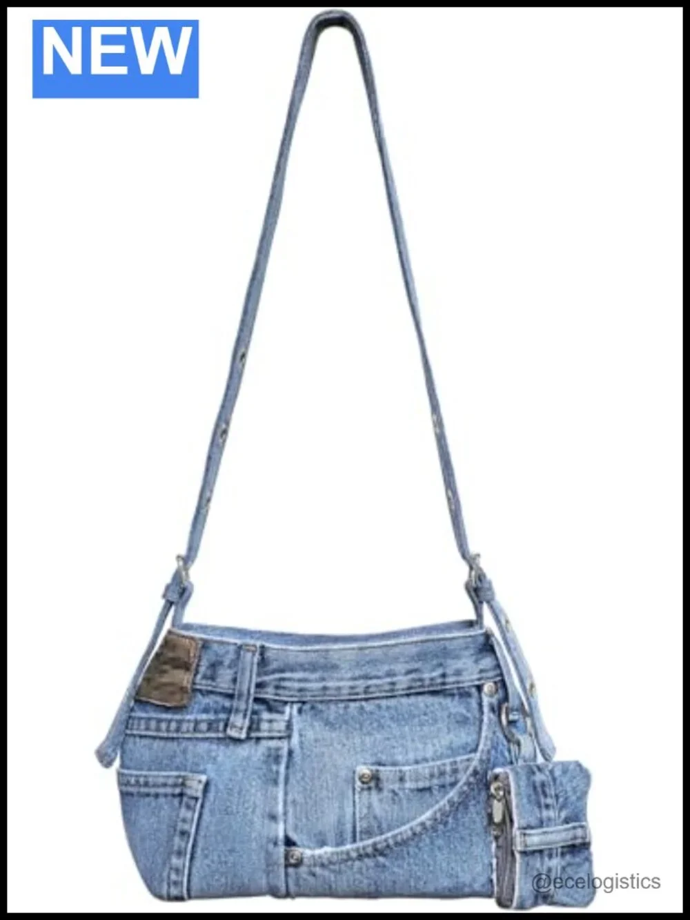 Upcycled Denim Shoulder Bag with Belt Buckle Detail, Adjustable Crossbody Purse